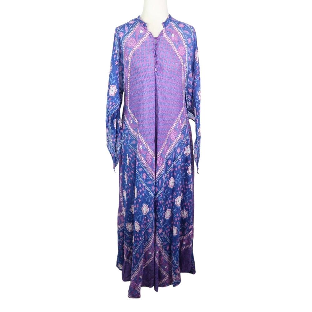 Vintage 70s Indian Cotton Gauze Maxi Dress Blue Purple Pink Floral M